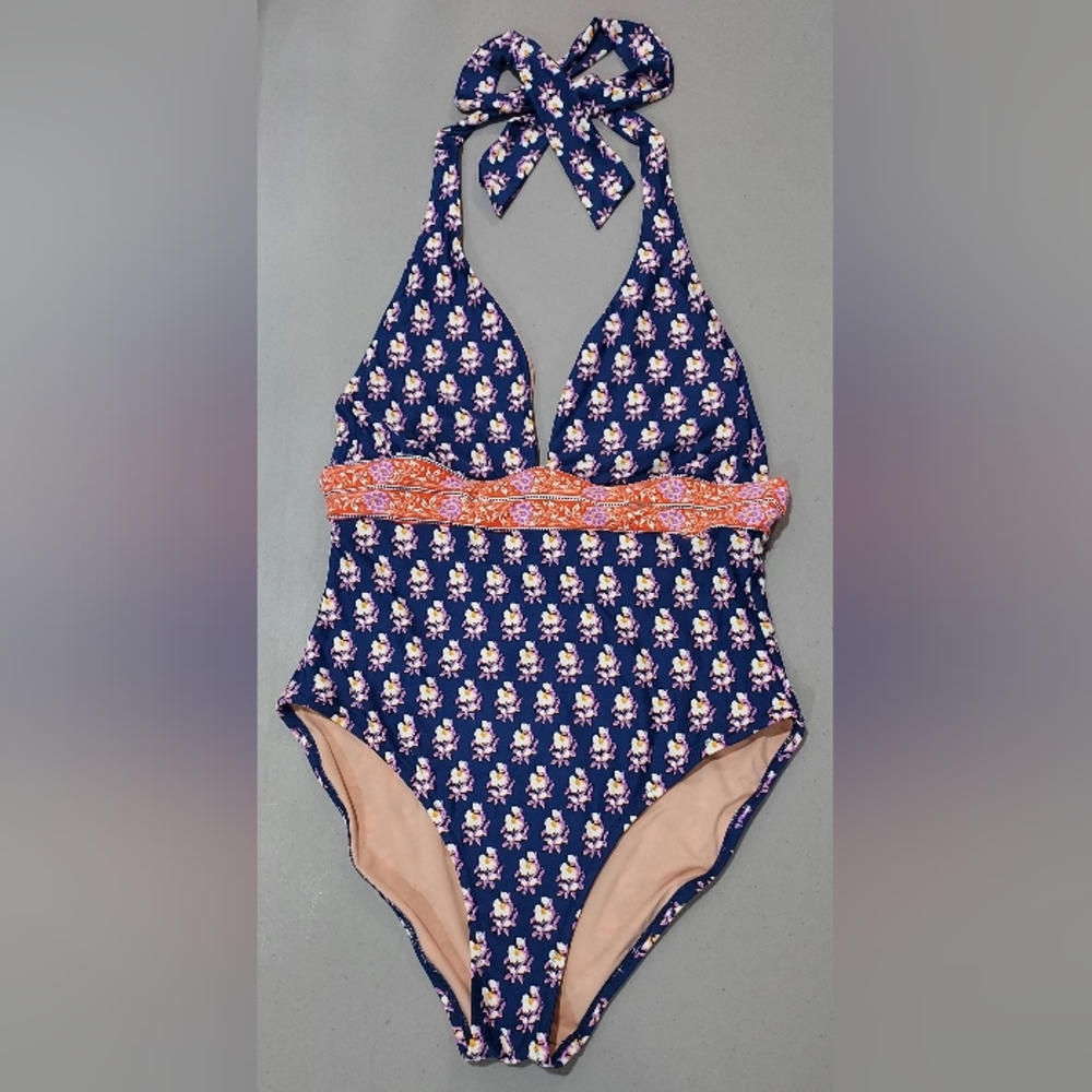 J. Crew Halter V-Neck in Navy Block Print One-Piece plunge